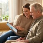 A smiling adult daughter in a knitted sweater and her elderly father in a khaki shirt sit together on a beige couch, both looking at a tablet she is holding and pointing at. They are in a sunlit living room with a window and houseplants.