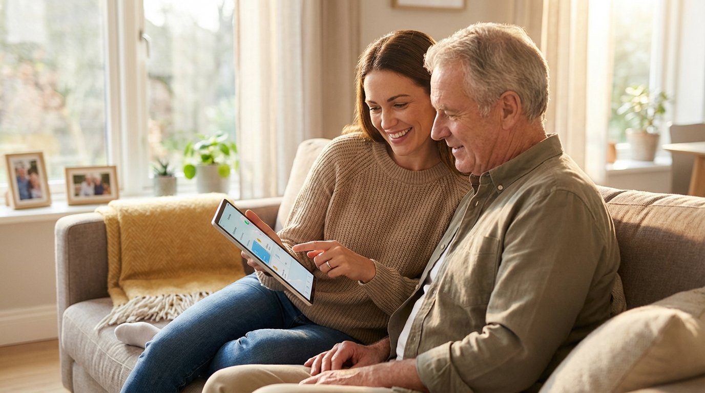 A smiling adult daughter in a knitted sweater and her elderly father in a khaki shirt sit together on a beige couch, both looking at a tablet she is holding and pointing at. They are in a sunlit living room with a window and houseplants.